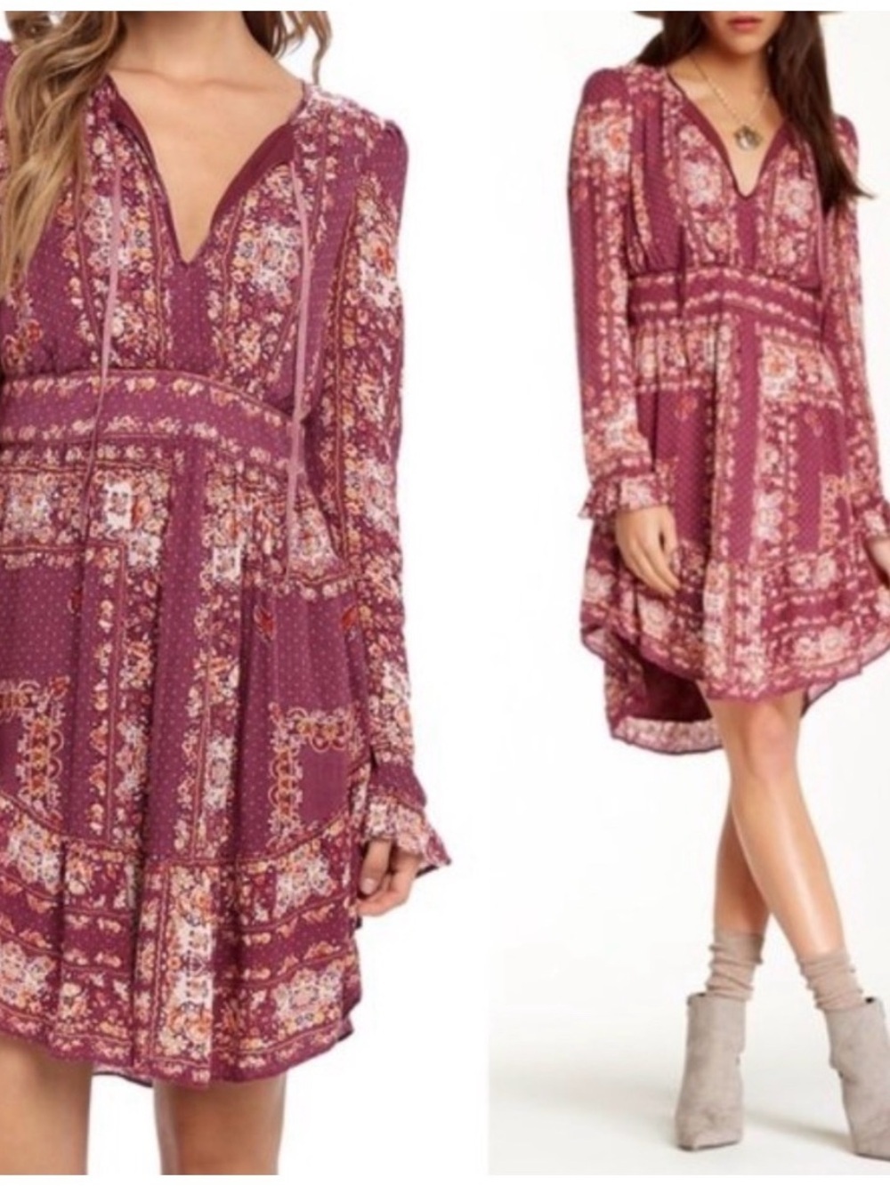 Free People Bridgette Boho Floral V-Neck Peasant Long Sleeve Dress Rose XS